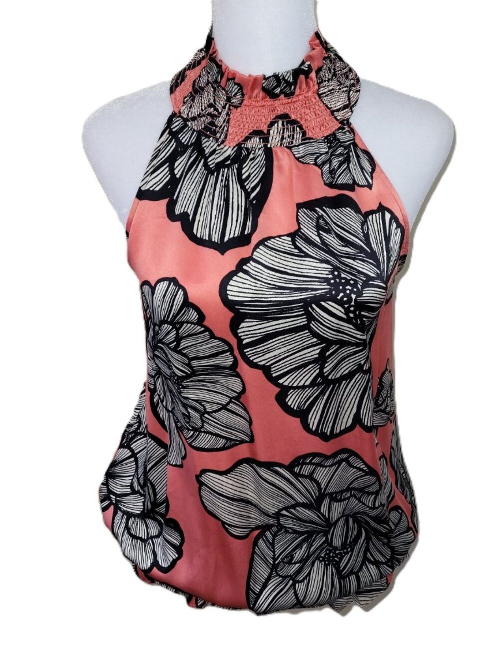 Flounce Silk Blouse Sleeveless Tie Neck Top Black Coral Floral Women's Size S